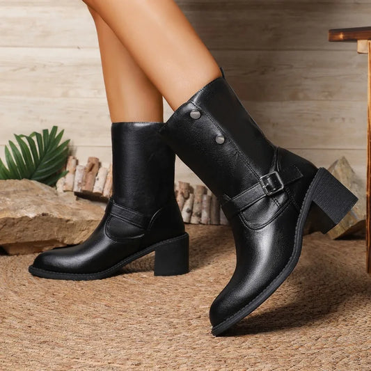 Women's Winter New Brown Vintage Belt Buckle Statement Mid-Tube Boots