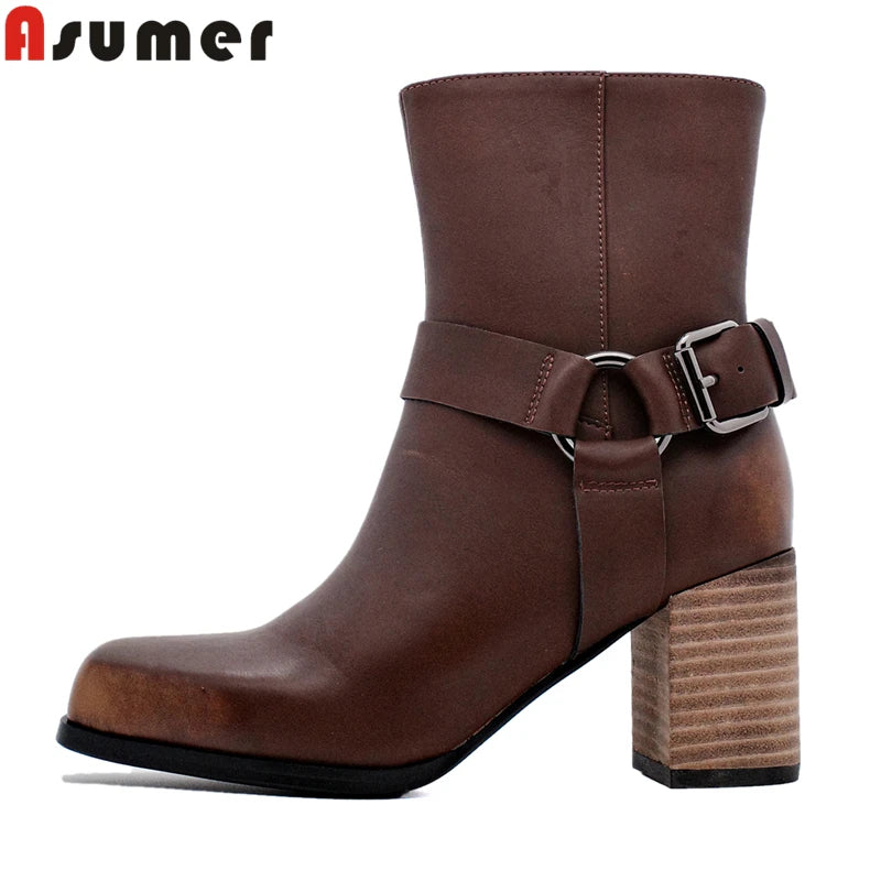 ASUMER Genuine Leather Boots Women Zipper Buckle Square High Heels Ankle Boots Square Toe Black Brown Vintage Modern Booties
