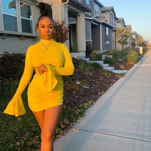 ANJAMANOR High Neck Flare Long Sleeve Bodycon Mini Dress Fall Fashion Sexy Yellow Dresses Party Night Club Wear D64-BG27