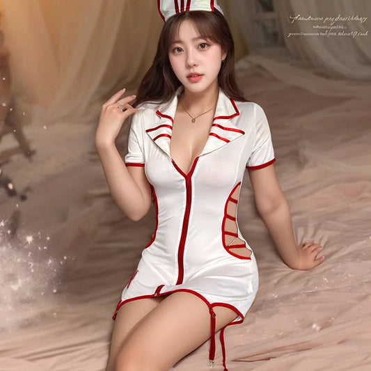 Wholesale Women's Sexy Zipper Roleplay Nurse Uniform Adult Lady Theme Party Naugty Cosplay Doctor Lingerie Dress Fliter Clothes