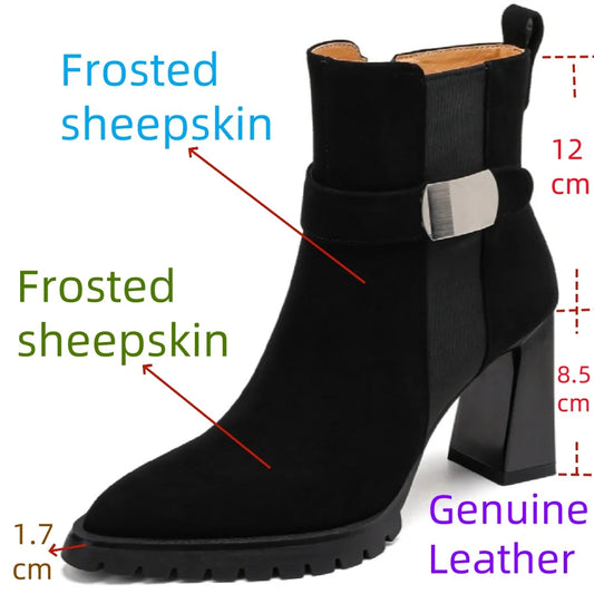 【JOCHEBED HU】Women's Handmade New Brand Genuine Leather Ankle Boots High Heels Side zipper short boots 33-40