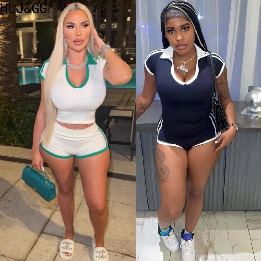 HLJ&GG Trend Y2K Summer New Stripe Two Piece Sets Women V Neck Short Sleeve Slim Crop Top And Shorts Outfits Fashion Streetwear