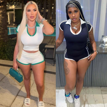 HLJ&GG Trend Y2K Summer New Stripe Two Piece Sets Women V Neck Short Sleeve Slim Crop Top And Shorts Outfits Fashion Streetwear