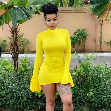 ANJAMANOR High Neck Flare Long Sleeve Bodycon Mini Dress Fall Fashion Sexy Yellow Dresses Party Night Club Wear D64-BG27