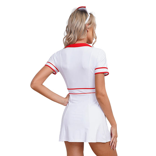 Nurse Cosplay Costume Set for Women Short Sleeve Front Zipper Nurse Mini Dress with Headwear Uniform Carnival Role Play Party