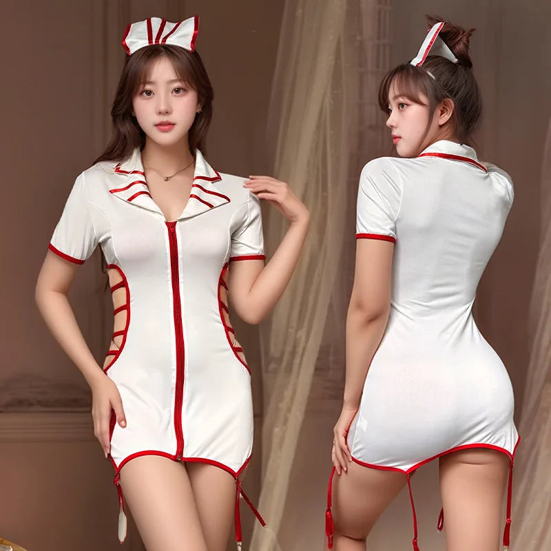 Wholesale Women's Sexy Zipper Roleplay Nurse Uniform Adult Lady Theme Party Naugty Cosplay Doctor Lingerie Dress Fliter Clothes