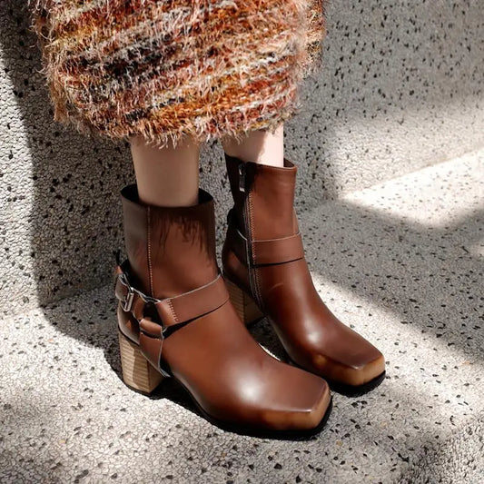 ASUMER Genuine Leather Boots Women Zipper Buckle Square High Heels Ankle Boots Square Toe Black Brown Vintage Modern Booties