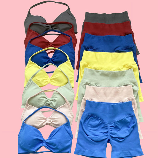 Classic Seamless Yoga 2-Piece Set Sling Bra & Seamless Three-Segment Waist 4.5" Base Shorts Fitness Workout Women's Sports Set