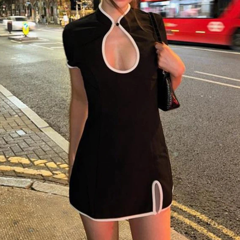 Summer Mini Bodycon Dress 90s Vintage Revamped Cheongsam Dress Women Patchwork Mandarin Collar Keyhole Short Sleeve Dress