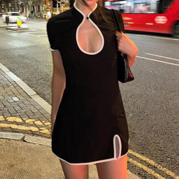 Summer Mini Bodycon Dress 90s Vintage Revamped Cheongsam Dress Women Patchwork Mandarin Collar Keyhole Short Sleeve Dress