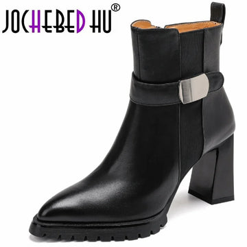 【JOCHEBED HU】Women's Handmade New Brand Genuine Leather Ankle Boots High Heels Side zipper short boots 33-40