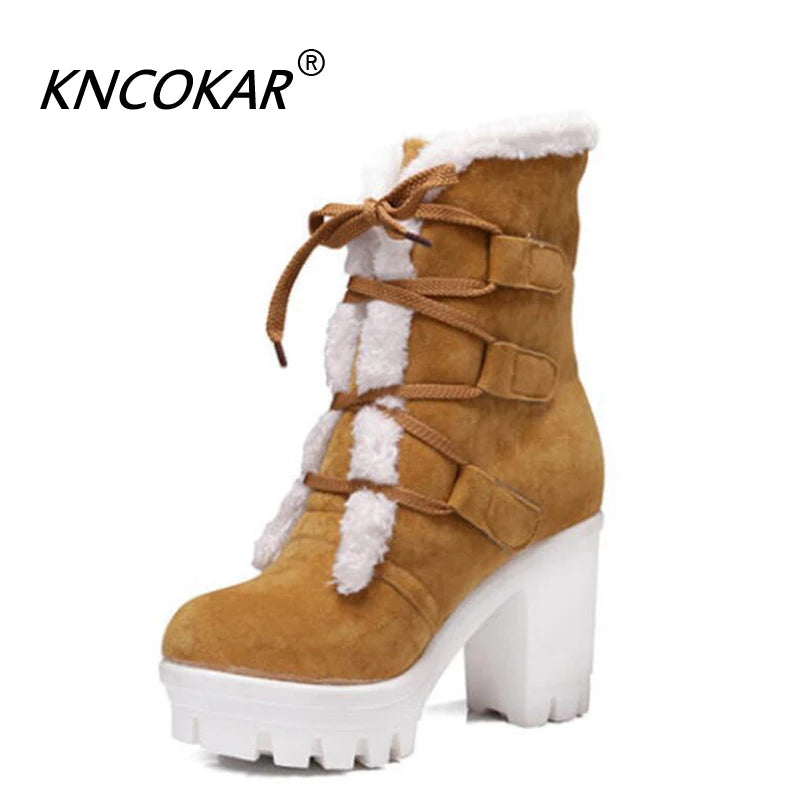 KNCOKAR Hot Sales Of New Autumn And Winter Warm Female Boots Thick Wool Inside Waterproof Platform Thick With Large Size Boots