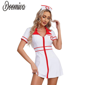Nurse Cosplay Costume Set for Women Short Sleeve Front Zipper Nurse Mini Dress with Headwear Uniform Carnival Role Play Party