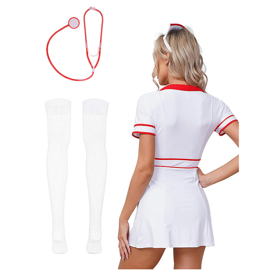 4Pcs Women Nurse Cosplay Dress-up Short Sleeve Mini Dress with Headwear Plastic Stethoscope And Stockings Set for Party Clubwear