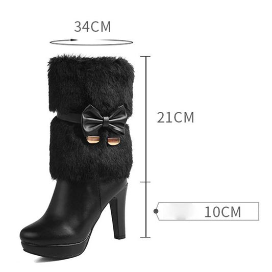 ORCHALISA Female Mid Calf Boots Round Toe Bowknot Big Size 42 43 Block Heels 10cm Platform 2.5cm Mature Daily Bota